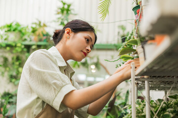 Portrait of Asian woman working in a plant shop - obrazy, fototapety, plakaty
