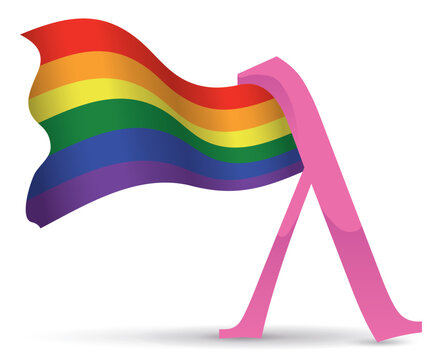 Pink lambda symbol and rainbow flag waving on white background, Vector illustration