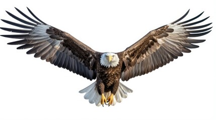 A spread-wing bald eagle soars in the sky. Isolated - obrazy, fototapety, plakaty