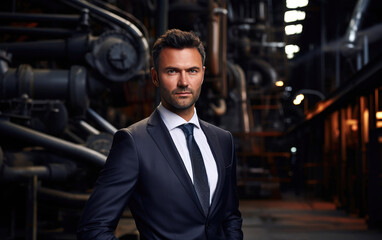 Fototapeta na wymiar Businessman in a suit and a tie posing in a steel plant
