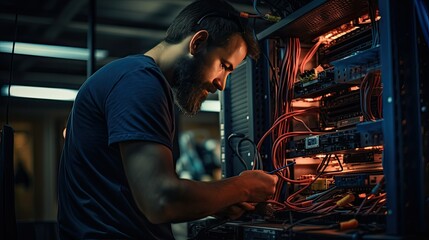 Fototapeta na wymiar An adult technician working indoors on network server