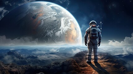 Astronaut standing on the moon looking towards