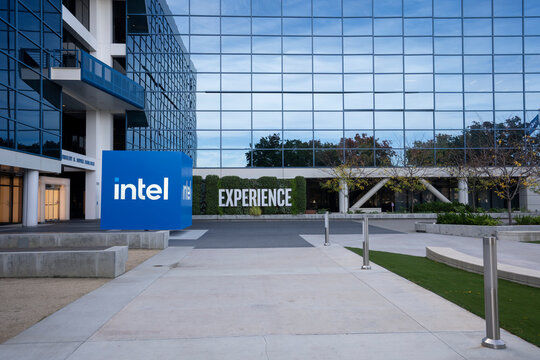 Santa Clara, CA, USA - Nov 22, 2023: Intel Corporation's headquarters in Santa Clara, California, United States of America. Intel is one of the world's largest semiconductor chip manufacturers.