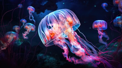 Beautiful jellyfish medusa in neon light with fish.