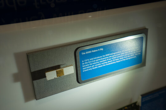 Santa Clara, CA, USA - Nov 22, 2023: The 8080 microprocessor, which was introduced by Intel in 1974 and directly influenced the later x86 architecture, is seen on display in the Intel Museum.