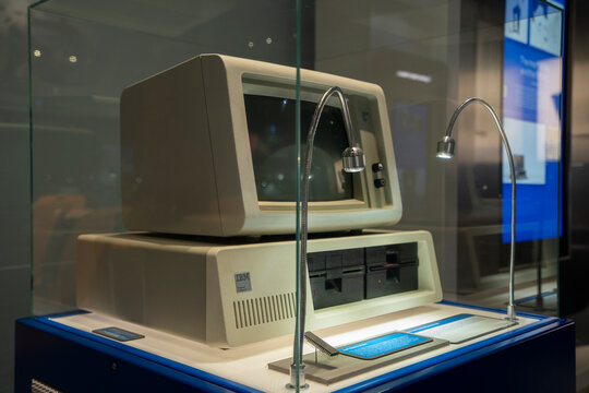 Santa Clara, CA, USA - Nov 22, 2023: IBM's first personal computer, in which the Intel 8088 microprocessor was selected as its "brain", is seen on display in the Intel Museum at Intel's headquarters.