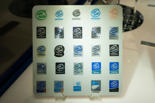 Santa Clara, CA, USA - Nov 22, 2023: A collection of Intel label stickers are seen on display in the Intel Museum at Intel Corporation's headquarters in Santa Clara, California.