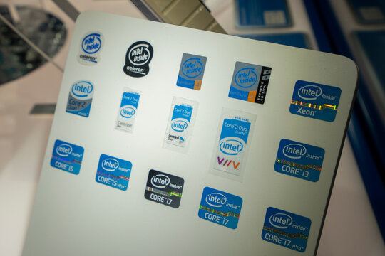 Santa Clara, CA, USA - Nov 22, 2023: A collection of Intel label stickers are displayed in the Intel Museum at Intel Corporation's headquarters in Santa Clara, California.