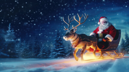 Santa Claus rides in a reindeer sleigh in a winter forest. Christmas holidays.