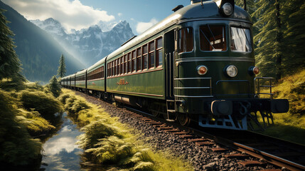 A Scenic Train Journey Through Snow Mountainous Terrain Background