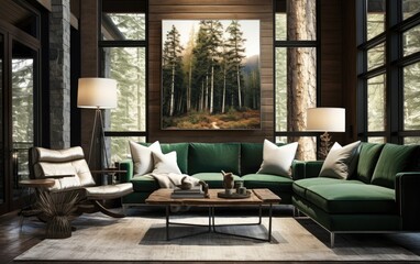 Obraz premium Modern living room in the style of atmospheric woodland imagery