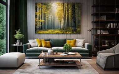 Modern living room in the style of atmospheric woodland imagery