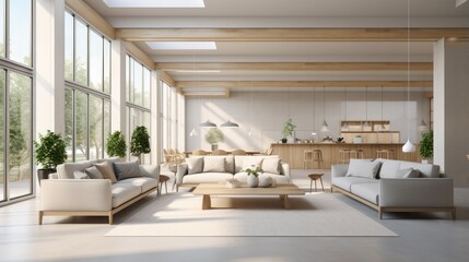 Clean interior open space with furniture and daylight.