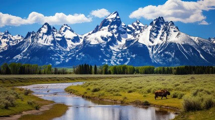 Naklejka na ściany i meble landscape with lake and mountains with elk background.