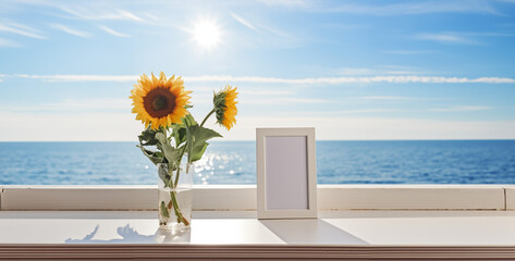 A picture frame on a white wooden table with a potted, flowers in the window, sunflower in a vase on the window.hd background wallpaper