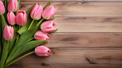 Bouquet of red tulips on wooden background with copy space.
