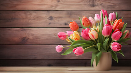 A bouquet of tulips in a vase on a table with copy space.