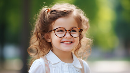 Portrait of cute and smiling little girl at the garden.