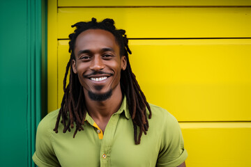 smiling black man with long dreadlocks, white teeth, green shirt, outdoors, yellow wall in background, happy bearded guy, colorful, afro style vivid radiant, bright smile