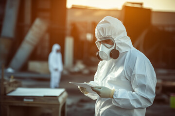 Man scientist in PPE Chemical Suit and hazmat suits inspector chemical gas leak spill with safety face mask in area close barricade security tape. dirty area spill cross stripe ribbon ai generated