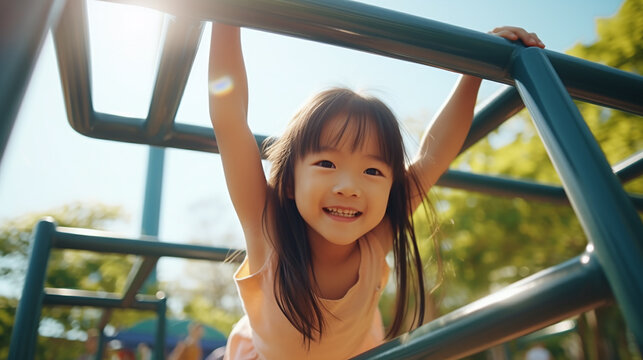 Cute little asian girl hannging at the monkey bars at the playground.