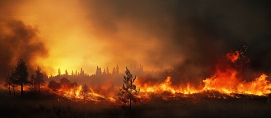 Sunset wildfire in meadow, orange flames and smoke. Bush fire in wilderness, danger and disaster. - obrazy, fototapety, plakaty