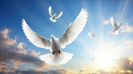 Flying white doves and bright sunlight on the background - obrazy, fototapety, plakaty