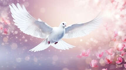 Flying white doves and bright sunlight on the background