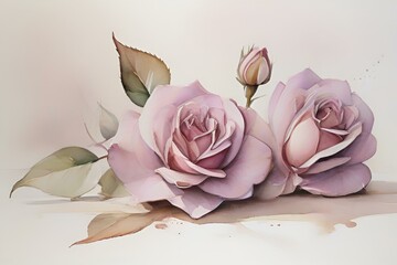 Watercolour, neutral, 2  mauve roses, white background