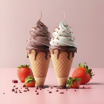 Conos de helados con chocolate y fresa , 3d render, poster