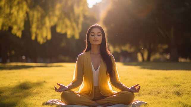 Indian women doing breathing yoga exercise at the park.