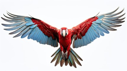 Green-winged Macaw Chloropterus Ara 1 year old flying - obrazy, fototapety, plakaty