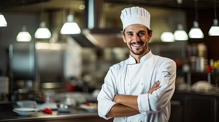 Happy smiling professional chef in commercial kitchen - Powered by Adobe