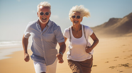 Senior couple running by the beach