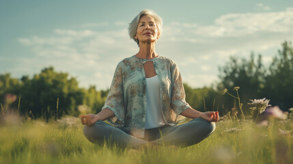 Older women doing breathing yoga exercise at the park.