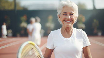 Portrait of older women playing tennis.