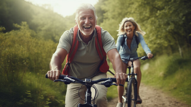 Senior couple riding bicycle together.