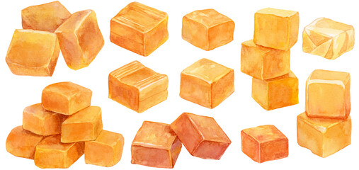 たくさんのキャラメル　素材集　水彩画イラスト © 中沢アサカ /Aasaka Y