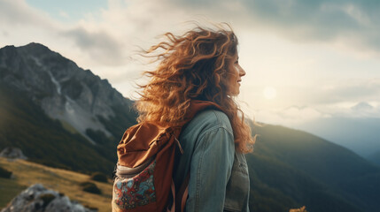 Naklejka premium female hiker with a backpack looking at a beautiful view of high mountains under clear sky.