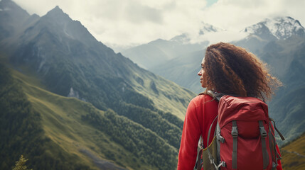 female hiker with a backpack looking at a beautiful view of high mountains under clear sky. - Powered by Adobe