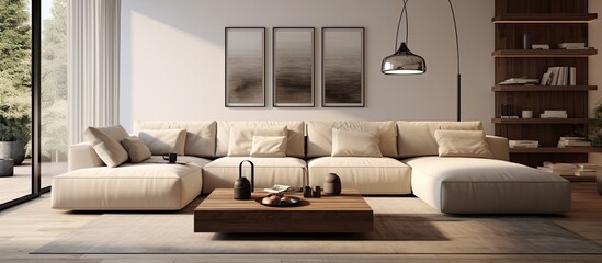 Neutral-toned living space featuring a spacious sectional couch and stylish standing light