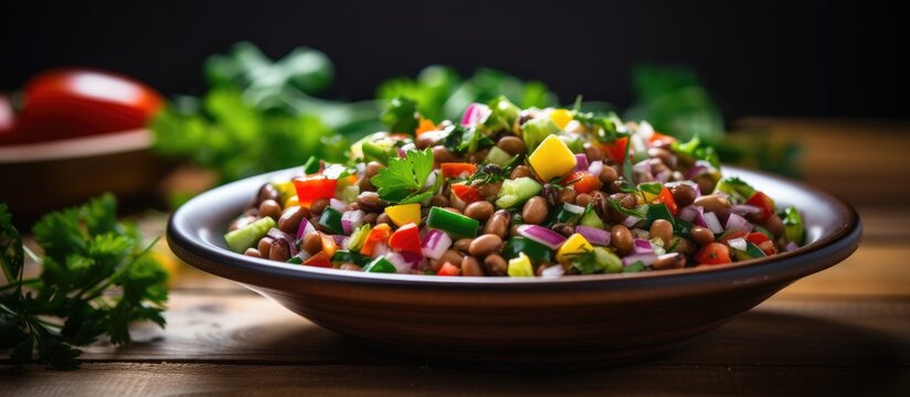 Texas caviar salad with beans, veggies, and herbs in a bowl on a wooden table, close-up.