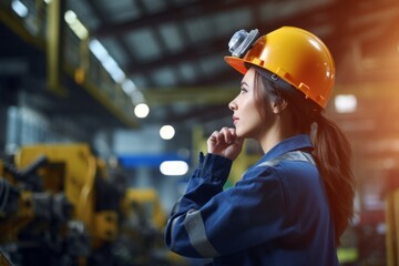 Ai generated of young woman engineer in uniform helmet standing and posing cross arm in industrial factory background with sunset light. female technician worker technician in manufacturing factory.