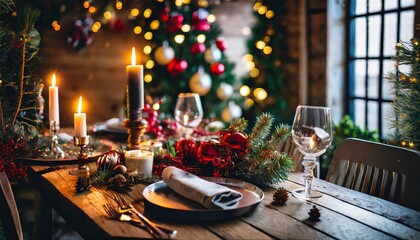 christmas table with champagne,  an empty wooden table ready for holiday feasting, surrounded by the delightful decorations of Christmas, festive Christmas table setup