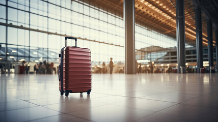 suitcase in a large bright airport waiting hall, tourism trip concept, background copy space
