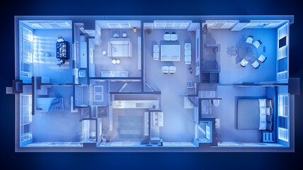 floor plan of the house, top view on a black background in the style of neon transparent partitions - obrazy, fototapety, plakaty