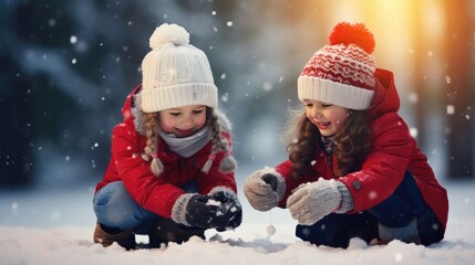 Kids building snow man playing outdoors on sunny snowy winter day. Outdoor family fun on Christmas vacation.
