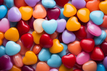 AI Generated Image. Full frame view of the colorful heart shaped candies. Valentine&rsquo;s Day concept