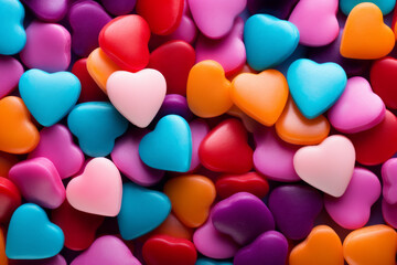 AI Generated Image. Full frame view of the colorful heart shaped candies. Valentine’s Day concept - 688385534