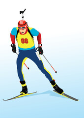 Biathlon runner colored silhouette. Shooting. Vector 3d hand drawn  illustration